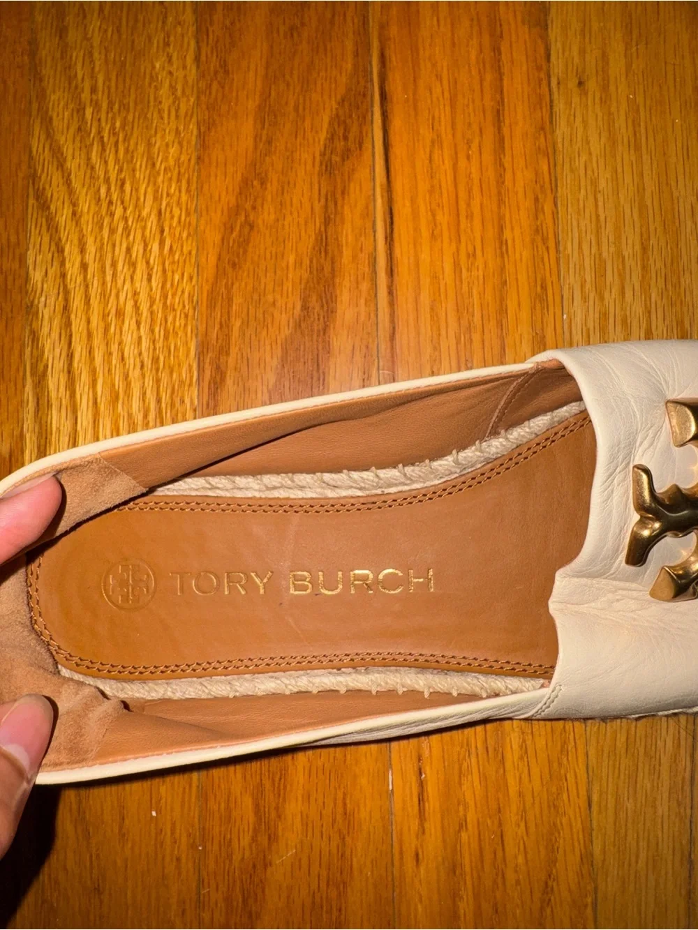 Tory Burch Cream Leather Espadrille Flats with Gold Logo Accent